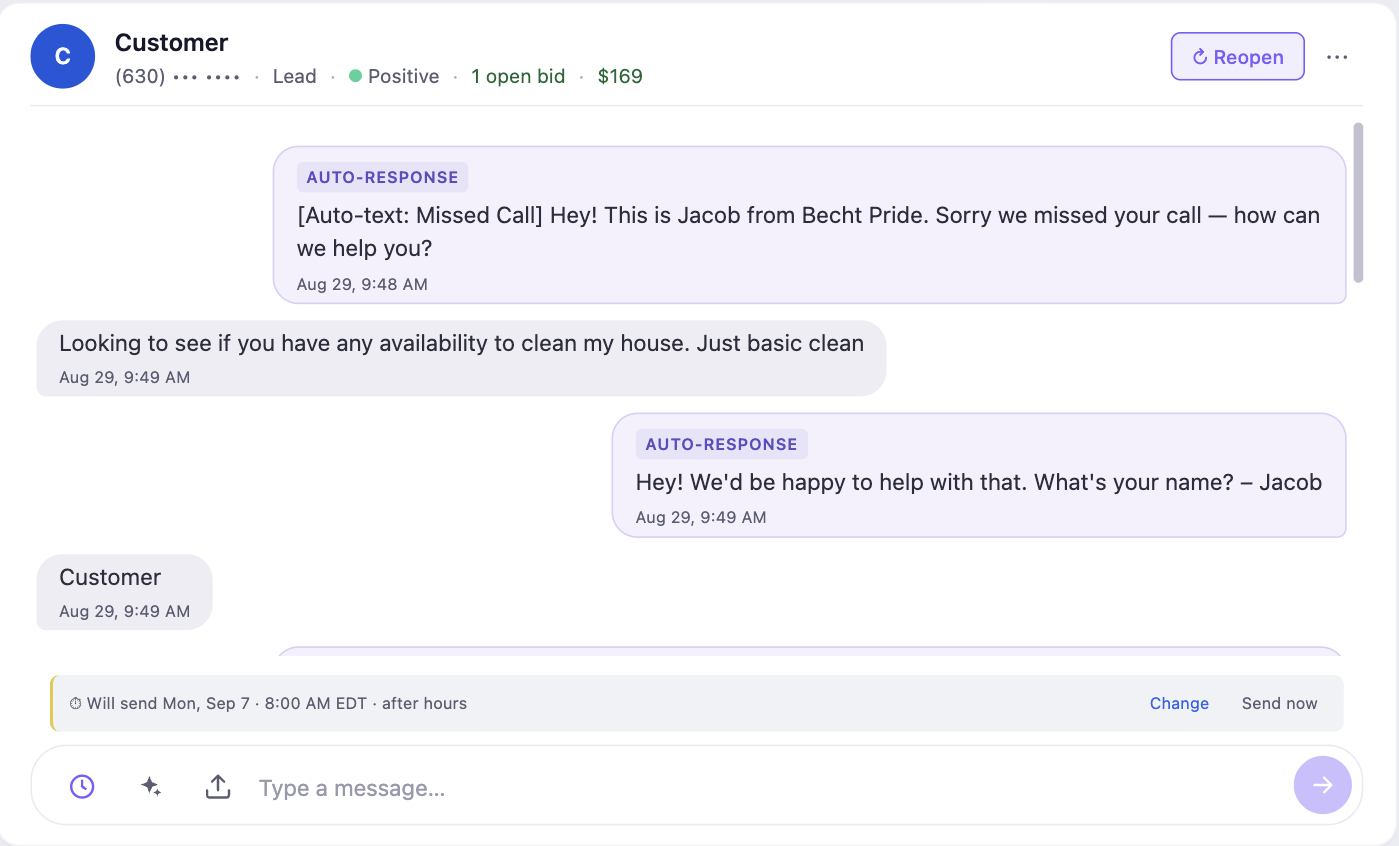 Hub inbox thread: automatic missed-call text, customer reply, AI asking for the name, then a scheduled human follow-up