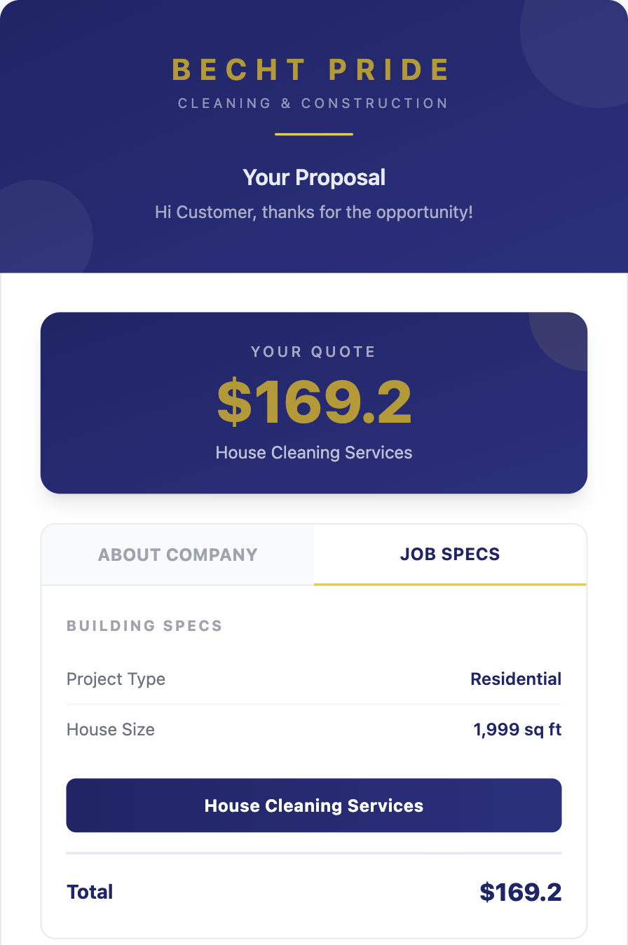 Customer proposal page: quote from the website form, job specs with square footage, accept button