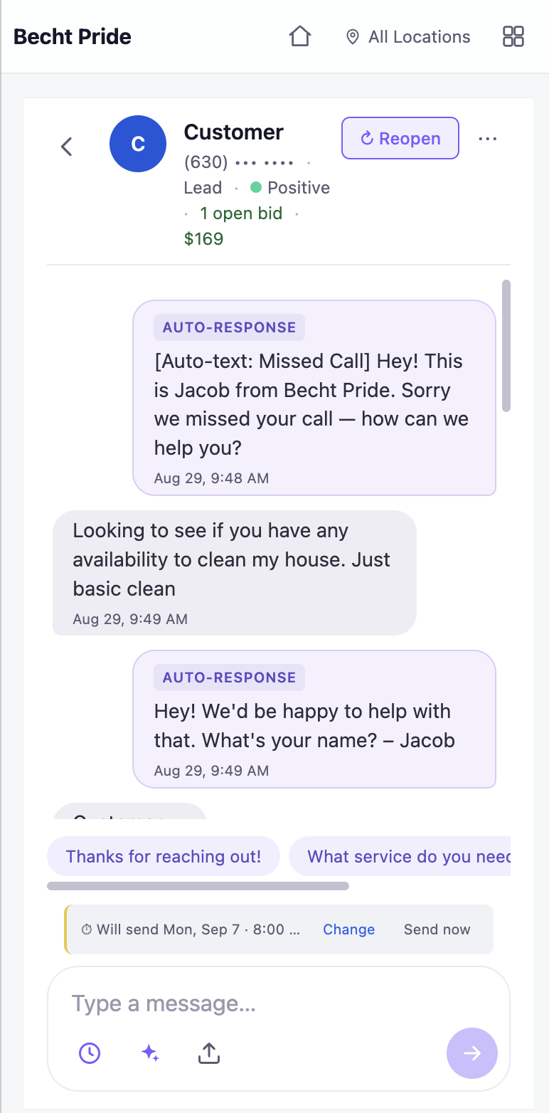 Hub inbox on a phone: a missed call gets an automatic text back, the AI asks for the name, a reply is scheduled for 8am