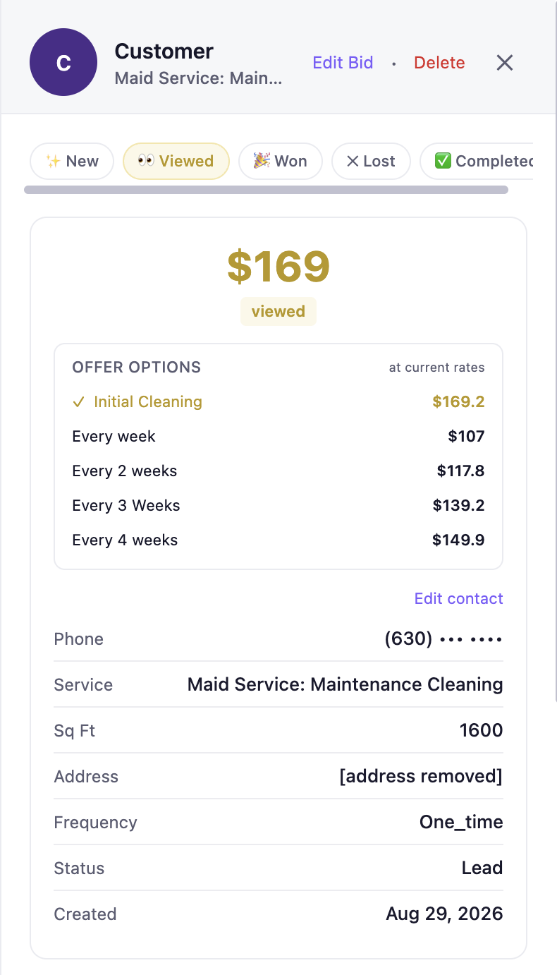 Bid drawer in the Hub: the offer options priced for every week, every 2, 3 and 4 weeks